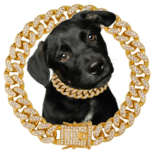Hundehalsband, Diamant-Halsband, 18 Karat vergoldet, Metallkette, 12 mm breit, Halskette mit sicherer Schnalle, Haustierhalsband, kubanischer Stil, Schmuckzubehör für kleine, mittelgroße und große von Tagbilang