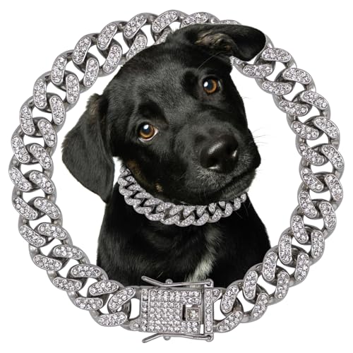 Hundehalsband, Diamant-Halsband, silberfarben, Metallkette, 12 mm breit, Halskette mit sicherer Schnalle, Haustierhalsband, kubanischer Stil, Schmuckzubehör für kleine, mittelgroße und große Hunde von Tagbilang
