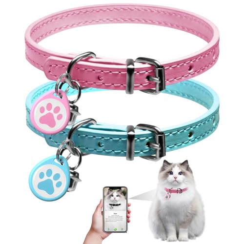 2PSC Leder-Halsband für Katzen, Baby-Welpen, Hunde, verstellbar, 20,3 - 27,9 cm, Kätzchenhalsband mit Glöckchen, intelligenter Erkennungsmarke, Leder-Katzenhalsband mit Glöckchen, nicht abreißbar, von Taghelp