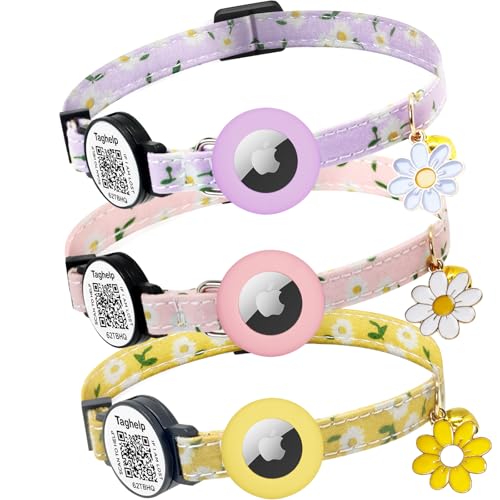 Airtag-Katzenhalsbänder, leicht und bequem, Glocken- und Blumen-Charm-Halsband, mit Silikon mit Apple Air-Tag-Halter, QR-Code, Smart-ID-Tag für Jungen, Mädchen, Katzen und Welpen, keine App, 3 Stück Airtag-Katzenhalsbänder, leicht und bequem, Glocken- und Blumen-Charm-Halsband, mit Silikon mit Apple Air-Tag-Halter, QR-Code, Smart-ID-Tag für Jungen, Mädchen, Katzen und Welpen, keine App, 3 Stück von Taghelp