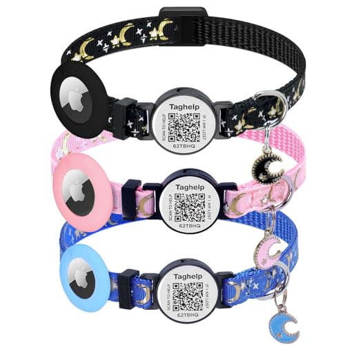 Airtag-Katzenhalsband, Breakaway-Katzen-Airtag-Halsband mit goldenen Monden und Sternen, leichtes Kätzchen-Halsband für Apple Air-Tag, GPS-Tracker-Halterung für Katzen, Kätzchen, Katzenhalsband Airtag-Katzenhalsband, Breakaway-Katzen-Airtag-Halsband mit goldenen Monden und Sternen, leichtes Kätzchen-Halsband für Apple Air-Tag, GPS-Tracker-Halterung für Katzen, Kätzchen, Katzenhalsband von Taghelp