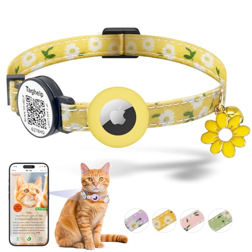 Airtag Katzenhalsband, leichtes Kätzchen-Halsband mit Silikon-Airtag-Halterung mit Smart-ID-Tag, Glocken und Blumen-Anhänger für Mädchen, Katzen, Jungen, kleine Hunde, für Apple Air-Tag, von Taghelp
