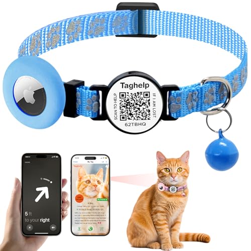Airtag Katzenhalsband, personalisierbar, Nylon, mit Haustiername und Telefonnummer auf QR-Tag, mit Airtag-Halterung und Glocke (Blauer, süßer Pfotenabdruck) von Taghelp