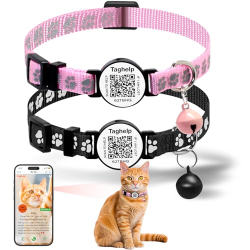 Katzenhalsbänder mit Glöckchen, reflektierend, Sicherheits-Nylon, Katzenhalsbänder für Mädchen, Jungen, Katzen, niedliche Katzenpfoten mit QR-Code, Smart-ID-Tag (Rosa und Schwarz, keine Katzenhalsbänder mit Glöckchen, reflektierend, Sicherheits-Nylon, Katzenhalsbänder für Mädchen, Jungen, Katzen, niedliche Katzenpfoten mit QR-Code, Smart-ID-Tag (Rosa und Schwarz, keine von Taghelp