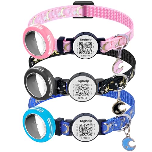 Katzenhalsbänder mit Glöckchen, verstellbar, wasserdicht, Airtag-Halterung für Katzen, Sicherheitsschnalle für Mädchen und Jungen, ideales Haustierzubehör und Geschenke, 3 Stück (Schwarz, Blau, Rosa) Katzenhalsbänder mit Glöckchen, verstellbar, wasserdicht, Airtag-Halterung für Katzen, Sicherheitsschnalle für Mädchen und Jungen, ideales Haustierzubehör und Geschenke, 3 Stück (Schwarz, Blau, Rosa) von Taghelp
