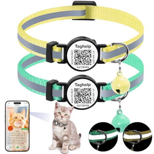 Katzenhalsbänder mit Glöckchen und reflektierendem Design, verstellbare Sicherheits-Kätzchen-Halsbänder für Jungen und Mädchen, niedliches Katzenhalsband mit QR-Code, Smart-ID-Tag, Gelb und Grün, 2 Katzenhalsbänder mit Glöckchen und reflektierendem Design, verstellbare Sicherheits-Kätzchen-Halsbänder für Jungen und Mädchen, niedliches Katzenhalsband mit QR-Code, Smart-ID-Tag, Gelb und Grün, 2 von Taghelp