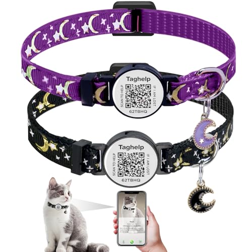 Katzenhalsbänder mit Mond und Sternen, niedliches Kätzchen, verstellbar, sicher, mit intelligentem ID-QR-Code-Tag, Mond und Stern, Sicherheitshalsbänder für Jungen und Mädchen, 2 Stück (Schwarz und Katzenhalsbänder mit Mond und Sternen, niedliches Kätzchen, verstellbar, sicher, mit intelligentem ID-QR-Code-Tag, Mond und Stern, Sicherheitshalsbänder für Jungen und Mädchen, 2 Stück (Schwarz und von Taghelp