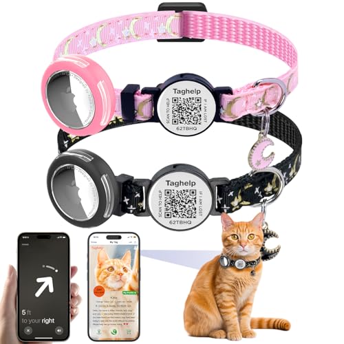 Katzenhalsbänder mit Mond- und Sternen-Design, wasserdicht, verstellbare Apple-AirTag-Halterung und QR-Code-Sicherheits-Tracker für Katzen und Kätzchen, mit Smart-ID-Tag/ohne App, Schwarz und Rosa, 2 Katzenhalsbänder mit Mond- und Sternen-Design, wasserdicht, verstellbare Apple-AirTag-Halterung und QR-Code-Sicherheits-Tracker für Katzen und Kätzchen, mit Smart-ID-Tag/ohne App, Schwarz und Rosa, 2 von Taghelp