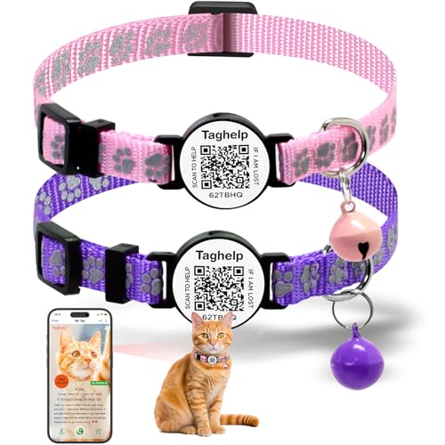 Katzenhalsband, Smart-ID-Tag mit Glöckchen, reflektierendes Katzenhalsband mit QR-Code, verstellbares Kätzchenhalsband mit Namensschild, Echtzeit-Scan-Benachrichtigungen, Rosa und Violett, 2 Stück Katzenhalsband, Smart-ID-Tag mit Glöckchen, reflektierendes Katzenhalsband mit QR-Code, verstellbares Kätzchenhalsband mit Namensschild, Echtzeit-Scan-Benachrichtigungen, Rosa und Violett, 2 Stück von Taghelp