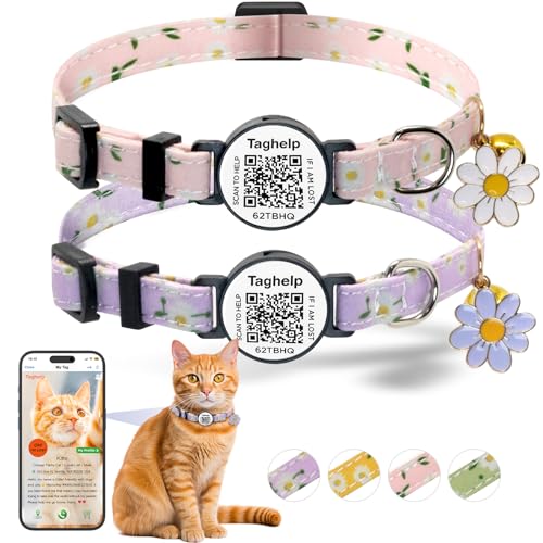 Katzenhalsband aus Baumwolle mit intelligentem ID-Tag, Blumen-Anhänger, niedliches Katzenhalsband, QR-Code, ideal für Mädchen, Katzen, Jungen, Katzen, mit Glocke mit intelligentem QR-ID-Namensschild Katzenhalsband aus Baumwolle mit intelligentem ID-Tag, Blumen-Anhänger, niedliches Katzenhalsband, QR-Code, ideal für Mädchen, Katzen, Jungen, Katzen, mit Glocke mit intelligentem QR-ID-Namensschild von Taghelp