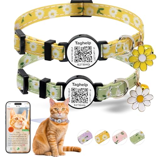 Katzenhalsband aus Baumwolle mit intelligentem ID-Tag, Blumen-Anhänger, niedliches Katzenhalsband, QR-Code, ideal für Mädchen, Katzen, Jungen, Katzen, mit Glocke mit intelligentem QR-ID-Namensschild Katzenhalsband aus Baumwolle mit intelligentem ID-Tag, Blumen-Anhänger, niedliches Katzenhalsband, QR-Code, ideal für Mädchen, Katzen, Jungen, Katzen, mit Glocke mit intelligentem QR-ID-Namensschild von Taghelp