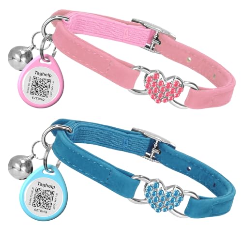 Katzenhalsband in Herzform mit Sicherheitsgurt und Glöckchen, verstellbar, weiches Samt-Leder, sicheres Kätzchen-Halsband mit Kristallherz-Anhänger und Glöckchen, stilvoll mit Sicherheitsgummi (Blau Katzenhalsband in Herzform mit Sicherheitsgurt und Glöckchen, verstellbar, weiches Samt-Leder, sicheres Kätzchen-Halsband mit Kristallherz-Anhänger und Glöckchen, stilvoll mit Sicherheitsgummi (Blau von Taghelp