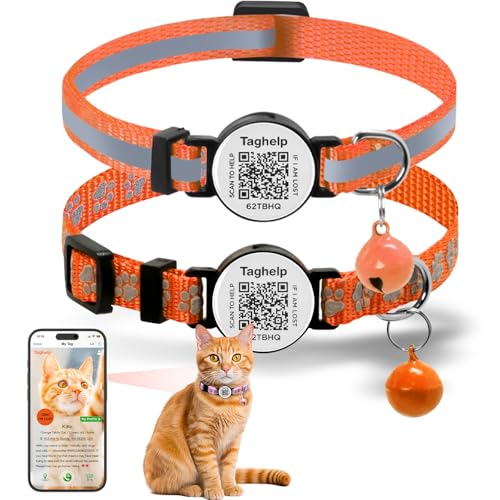Katzenhalsband mit Fußabdruck und reflektierendem QR-Code, Smart-ID-Tag und Glöckchen, einfaches Hunde-/Katzenhalsband, Sicherheitsgurte, verstellbar, Polyester, für Katzen, Hunde oder von Taghelp