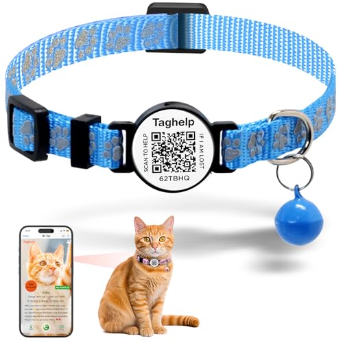 Personalisierbares Katzenhalsband mit Namensschild, intelligentes ID-Tag, verstellbares, robustes Nylon-Katzenhalsband mit Glocke, Haustiername und Telefonnummer online, keine App (blauer süßer von Taghelp