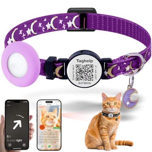 TAGHELP Breakaway Katzenhalsband mit Glocke, Mond und Sternen, niedliches Kätzchen, verstellbar, sicher, mit Anhänger, leuchtet im Dunkeln, Airtag-Katzenhalsband, Airtag-Sicherheitsschnalle (lila) von Taghelp