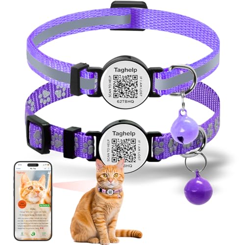 TAGHELP Reflektierendes Katzenhalsband mit Glöckchen, QR-Code, Smart-ID-Tag, 2 Stück, für Mädchen und Jungen, Haustier, Katzenhalsband, verstellbar, 19,1 - 32,5 cm, Violett TAGHELP Reflektierendes Katzenhalsband mit Glöckchen, QR-Code, Smart-ID-Tag, 2 Stück, für Mädchen und Jungen, Haustier, Katzenhalsband, verstellbar, 19,1 - 32,5 cm, Violett von Taghelp