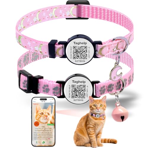 TAGHELP Reflektierendes Katzenhalsband mit Mond und Stern, mit QR-Code, Smart-ID-Tag und Glocken, 2 Stück, für Mädchen und Jungen, verstellbar, 19,1 - 32,5 cm, keine App, Rosa TAGHELP Reflektierendes Katzenhalsband mit Mond und Stern, mit QR-Code, Smart-ID-Tag und Glocken, 2 Stück, für Mädchen und Jungen, verstellbar, 19,1 - 32,5 cm, keine App, Rosa von Taghelp