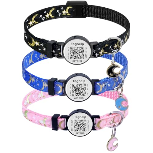 TagHelp Katzenhalsband mit Namensschild, Breakaway-Katzenhalsband mit Mond und Sternen, niedliches Kätzchen-Halsband, verstellbar, sicher, mit intelligentem ID-Tag (Schwarz & Blau & Rosa, Just Collar) TagHelp Katzenhalsband mit Namensschild, Breakaway-Katzenhalsband mit Mond und Sternen, niedliches Kätzchen-Halsband, verstellbar, sicher, mit intelligentem ID-Tag (Schwarz & Blau & Rosa, Just Collar) von Taghelp