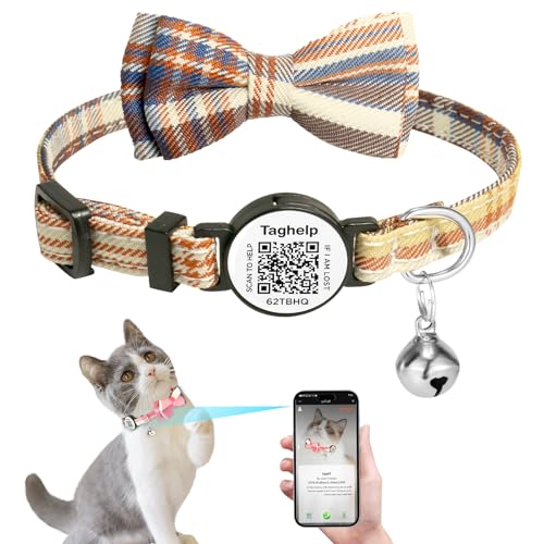 Verbessertes Katzenhalsband mit Glöckchen, Sicherheits-Katzenhalsband mit Fliege, für Mädchen und Jungen, mit QR-ID-Tag für Mädchen, Jungen, für Katzen (braun) von Taghelp