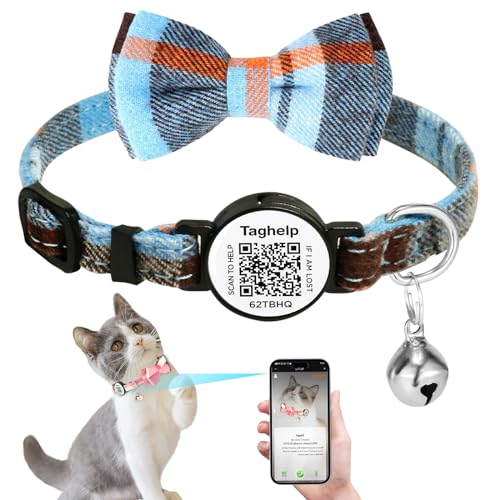 Verbessertes Katzenhalsband mit Glöckchen, abreißbares Katzenhalsband mit Fliege, für Mädchen und Jungen, Sicherheits-Halsbänder mit QR-ID-Tag für Mädchen, Jungen und Katzen (Blau A) von Taghelp