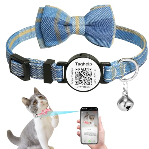 Verbessertes Katzenhalsband mit Glöckchen, abreißbares Katzenhalsband mit Fliege, für Mädchen und Jungen, Sicherheits-Halsbänder mit QR-ID-Tag für Mädchen, Jungen und Katzen (Blau B) von Taghelp