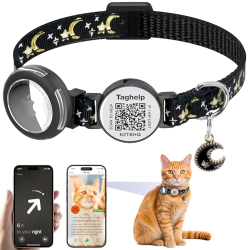 Wasserdichtes Airtag-Katzenhalsband, Breakaway, Monde und Sterne, Sicherheitsverschluss, Katzenhalsbänder mit Apple-Airtag-Halterung mit QR-Code, verstellbarer GPS-Tracker, Kätzchenhalsband, Schwarz Wasserdichtes Airtag-Katzenhalsband, Breakaway, Monde und Sterne, Sicherheitsverschluss, Katzenhalsbänder mit Apple-Airtag-Halterung mit QR-Code, verstellbarer GPS-Tracker, Kätzchenhalsband, Schwarz von Taghelp
