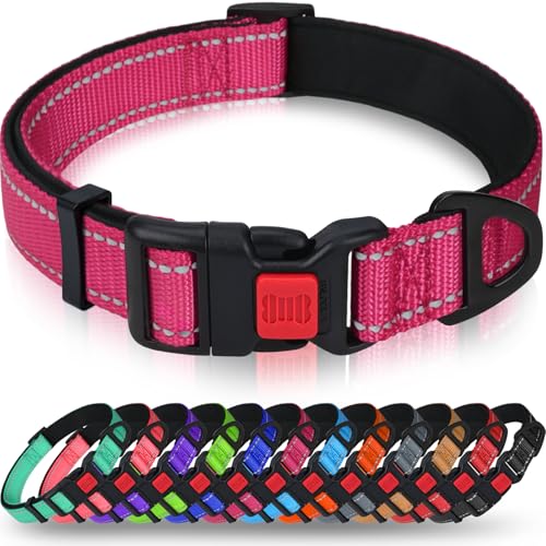 Taglory Hundehalsband, Weich Gepolstertes Neopren Nylon Hunde Halsband für Extra Große Hunde, Verstellbar und Reflektierend für das Training, Hot Pink von Taglory