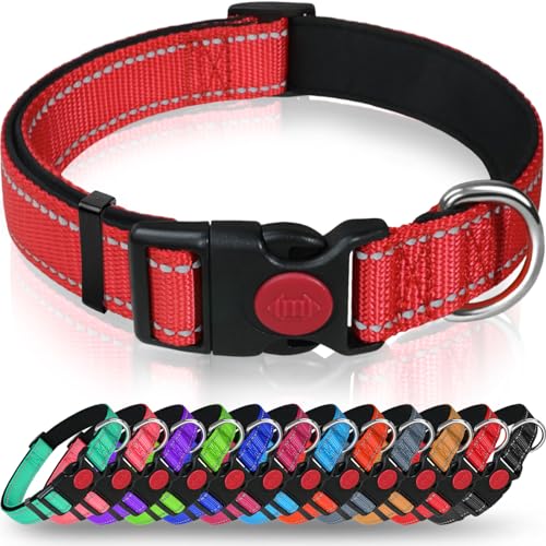 Taglory Hundehalsband, Weich Gepolstertes Neopren Nylon Hunde Halsband für Extra Große Hunde, Verstellbar und Reflektierend für das Training, Rot von Taglory