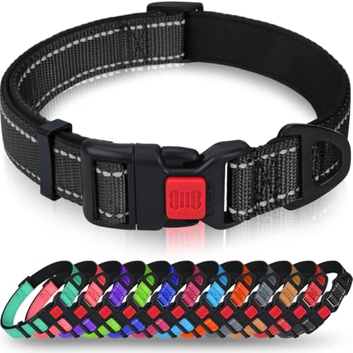 Taglory Hundehalsband, Weich Gepolstertes Neopren Nylon Hunde Halsband für Extra Große Hunde, Verstellbar und Reflektierend für das Training, Schwarz von Taglory