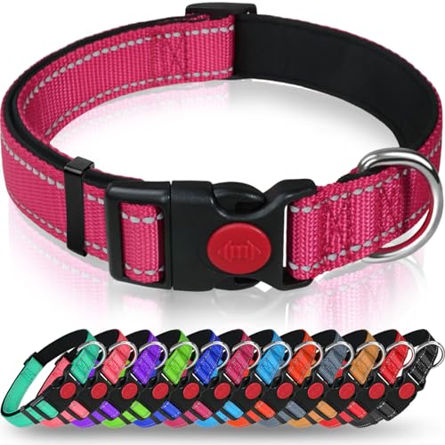Taglory Hundehalsband, Weich Gepolstertes Neopren Nylon Hunde Halsband für Große Hunde, Verstellbare und Reflektierend für das Training, Hot Pink von Taglory