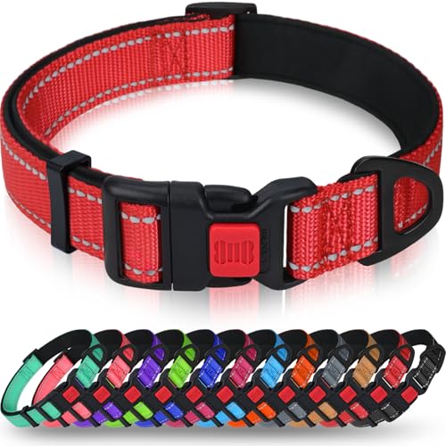 Taglory Hundehalsband, Weich Gepolstertes Neopren Nylon Hunde Halsband für Große Hunde, Verstellbare und Reflektierend für das Training, Rot von Taglory