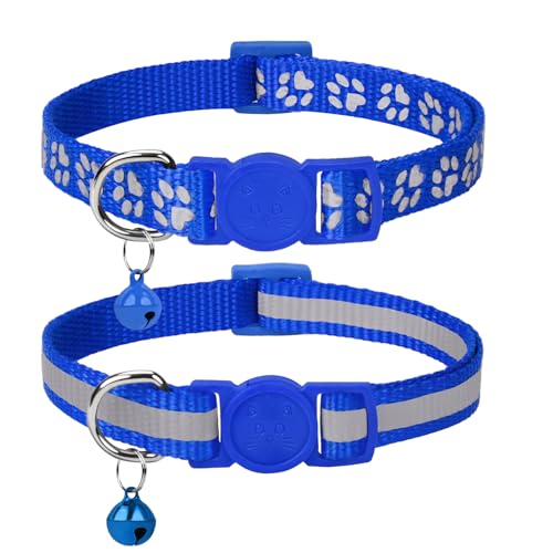 Taglory Reflektierend Katzenhalsband mit Sicherheitsverschluss und Glöckchen, 2-Stück Verstellbar Halsband Katze Kitten, 15-20cm Dunkelblau von Taglory