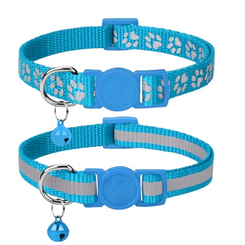 Taglory Reflektierend Katzenhalsband mit Sicherheitsverschluss und Glöckchen, 2-Stück Verstellbar Halsband Katze Kitten, 15-20cm Hellblau von Taglory