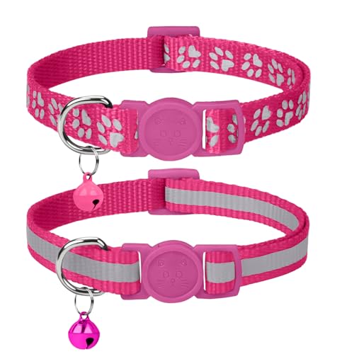 Taglory Reflektierend Katzenhalsband mit Sicherheitsverschluss und Glöckchen, 2-Stück Verstellbar Halsband Katze Kitten, 15-20cm Hotpink von Taglory