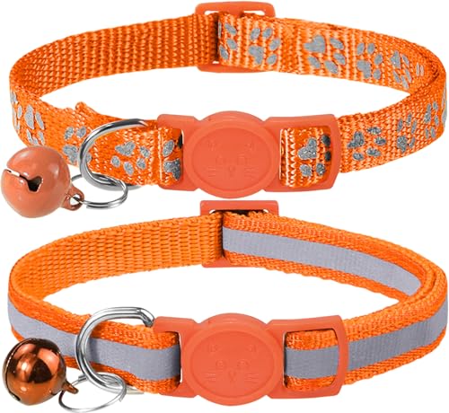 Taglory Reflektierend Katzenhalsband mit Sicherheitsverschluss und Glöckchen, 2-Stück Verstellbar Halsband Katze Kitten, 15-20cm Orange von Taglory
