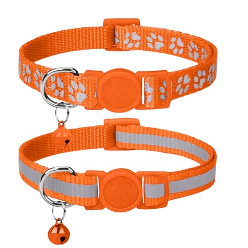 Taglory Reflektierend Katzenhalsband mit Sicherheitsverschluss und Glöckchen, 2-Stück Verstellbar Halsband Katze Kitten, 15-20cm Orange von Taglory