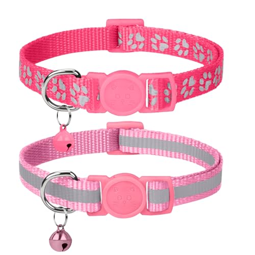 Taglory Reflektierend Katzenhalsband mit Sicherheitsverschluss und Glöckchen, 2-Stück Verstellbar Halsband Katze Kitten, 15-20cm Rosa von Taglory