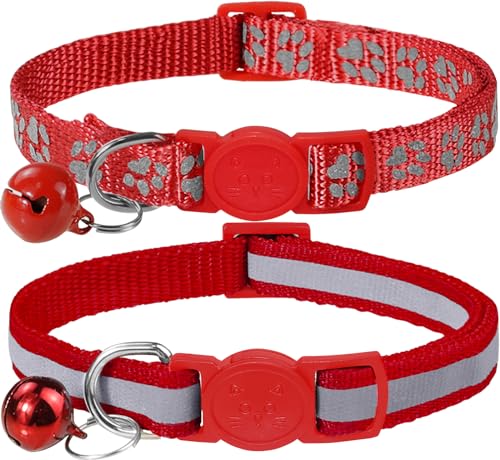 Taglory Reflektierend Katzenhalsband mit Sicherheitsverschluss und Glöckchen, 2-Stück Verstellbar Halsband Katze Kitten, 15-20cm Rot von Taglory