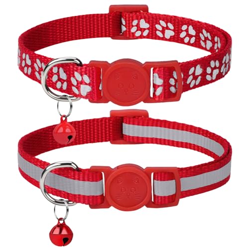 Taglory Reflektierend Katzenhalsband mit Sicherheitsverschluss und Glöckchen, 2-Stück Verstellbar Halsband Katze Kitten, 15-20cm Rot von Taglory