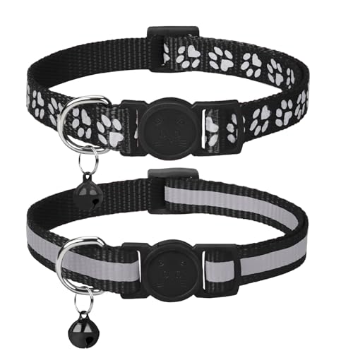 Taglory Reflektierend Katzenhalsband mit Sicherheitsverschluss und Glöckchen, 2-Stück Verstellbar Halsband Katze Kitten, 15-20cm Schwarz von Taglory