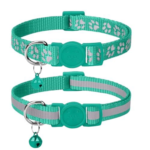 Taglory Reflektierend Katzenhalsband mit Sicherheitsverschluss und Glöckchen, 2-Stück Verstellbar Halsband Katze Kitten, 15-20cm Türkis von Taglory