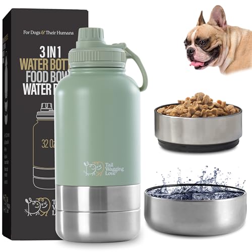 Tail Wagging Love 3-in-1 tragbare Reise-Wasserflasche, Futter- und Trinkflasche, doppelte Verwendung für Menschen und Haustiere, mit abnehmbaren Näpfen, Edelstahl, hält Wasser 6 Stunden heiß und 12 von Tail Wagging Love