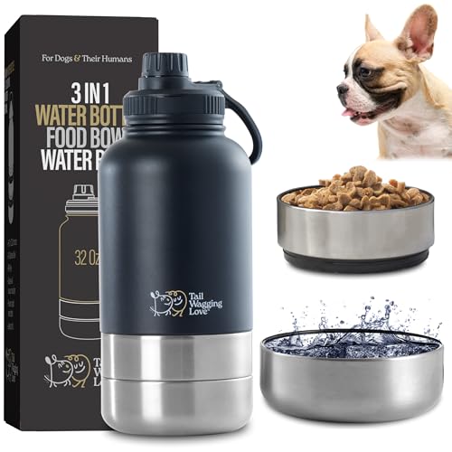 Tail Wagging 3-in-1 tragbare Hunde-Reise-Wasserflasche mit zwei abnehmbaren Wasser- und Futternäpfen, 907.2 g Edelstahl, isolierter Reise-Wasserflaschenspender für Hunde, langlebiges und von Tail Wagging Love
