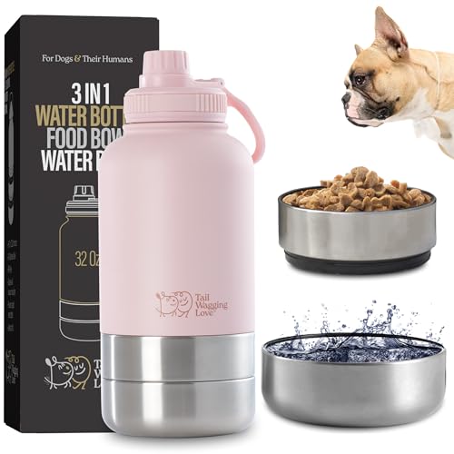 Tail Wagging Love 3-in-1-Reise-Wasserflasche für Hunde und Menschen, Doppelnutzung, Edelstahl, hält Wasser 6 Stunden heiß/kalt 12 Stunden, auslaufsicher, mit abnehmbaren Futter- und Wassernäpfen, von Tail Wagging Love