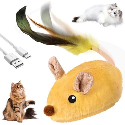 TaimeiMao Katzenspielzeug Elektrisch Spielmaus,Magic Maus Katze,Katzenspielzeug Maus mit Federschwanz USB Wiederaufladbares,Spielmäuse Interaktive Spielzeug Maus für Katze (Gelb) von TaimeiMao