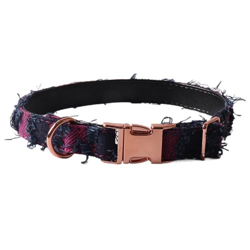 Tainrunse Bequemes Haustierhalsband, Retro-Denim, Hund mit Quasten-Dekor, verstellbar, kariert, langlebig, verschleißfest, Rosenrot, Größe M von Tainrunse