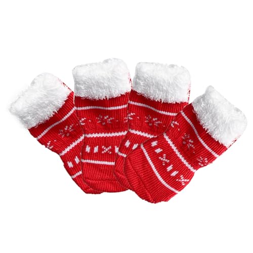 Tainrunse Kurze Socken für Welpen, bequem, Weihnachtsserie, Muster, Kätzchen, Welpen, kurz, kompatibel mit Spaziergängen, Rot, Weiß, Größe XL, 4 Stück von Tainrunse