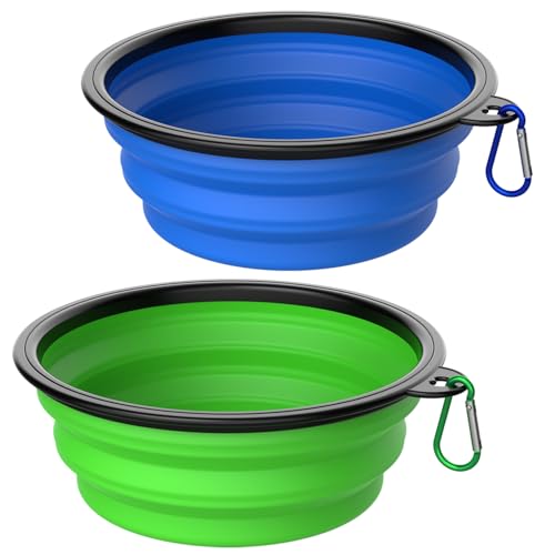 Takfox Faltbare Hundenäpfe [2 Stück] 590 ml, Reise-Hundenapf, Haustiernapf, tragbar, faltbar, Wasserfutter, Futternapf mit Karabinerhaken, für Reisen, Wandern, Spazierengehen, Grün und Blau von Takfox