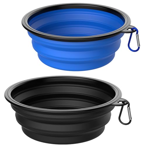 Takfox Faltbare Hundenäpfe [2er-Pack] 964 ml, Reise-Hundenapf, Haustiernapf, tragbar, faltbar, Wasserfutter, Futternapf mit Karabiner-Clip für Reisen, Wandern, Spazierengehen, Schwarz und Blau von Takfox