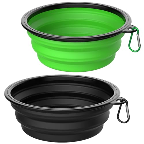 Takfox Faltbare Hundenäpfe [2er-Pack] 964 ml, Reise-Hundenapf, Haustiernapf, tragbar, faltbar, Wasserfutter, Futternapf mit Karabiner-Clip für Reisen, Wandern, Spazierengehen, Schwarz und Grün von Takfox